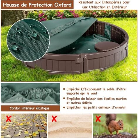 COSTWAY Bac à Sable Enfant Rond 120x120x21 cm en Plastique avec Couvercle Etanche Bâche Intégrée Sièges Doublure Inférieure Marron
