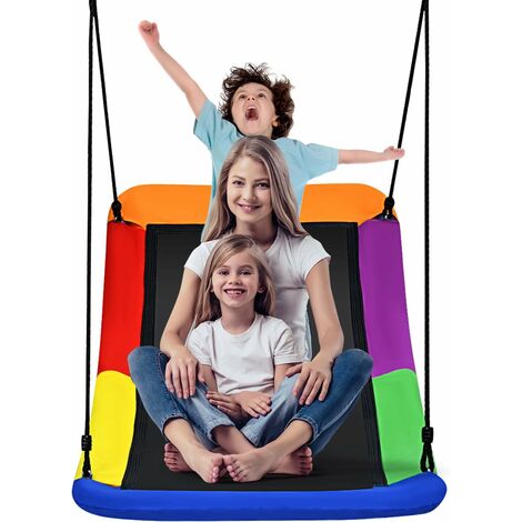 COSTWAY Balançoire Nid d'Oiseau Extérieur Rectangulaire 83 x 155 cm en Tissu Oxford avec Cordes de Réglables Charge Max 120KG arc-en-ciel