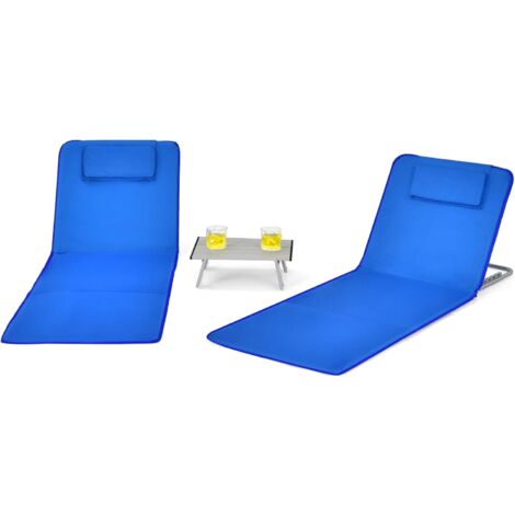 COSTWAY Ensemble de Tapis de Plage Pliables 2 pcs avec Table d’Appoint, Matelas de Plage avec Hauteur Réglable 27-47cm pour Camping Bleu (1/5)