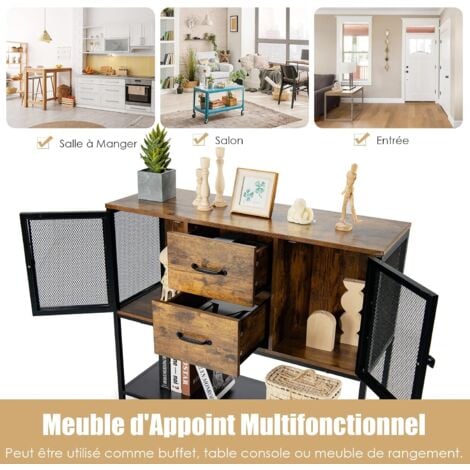 COSTWAY Meuble de Rangement, Buffet Industriel avec 2 Placards, 2 Tiroirs Coulissants et Etagère Inférieure, Conception en Métal, pour Salon, Salle à Manger, Cuisine, Marron Rustique