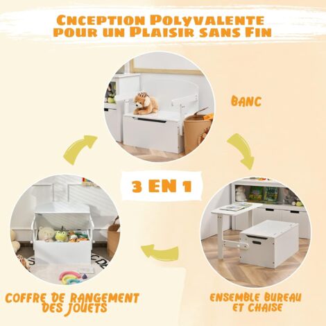 COSTWAY Table Enfant 3 En 1 Bois Avec Chaise Et Coffre à Jouets - Meuble Activités 60x57x44cm