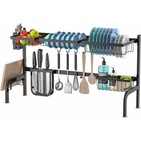 COSTWAY Égouttoir à Vaisselle au-Dessus de l'Évier, avec 4 Paniers et 8 Crochets, Planche à Découper et Porte-ustensiles et Porte-Couteaux pour Rangement du Comptoir de Cuisine (1/5)