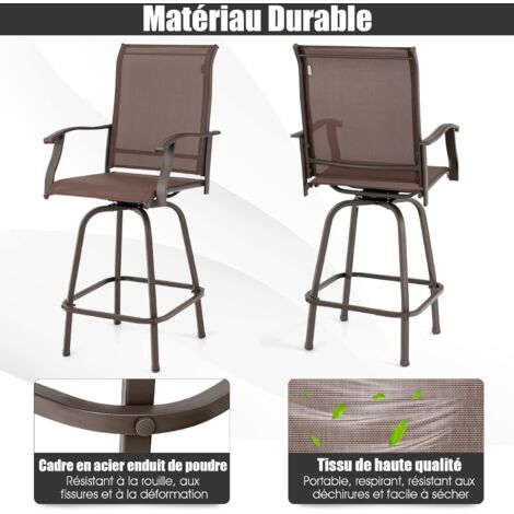 COSTWAY Lot De 2 Tabourets De Bar Extérieur - Tissu Beige, Cadre Métal, Accoudoirs, Repose-pieds - 76x62x130 Cm, Max 150 Kg - 4