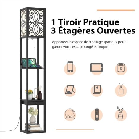 COSTWAY Lampadaire avec 3 Étagères et Tiroir, Lampe Étagère avec 1 Prise de Courant et 2 Ports USB, pour Salon et Chambre, 26L x 26l x 160H cm, Noir