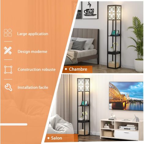 COSTWAY Lampadaire avec 3 Étagères et Tiroir, Lampe Étagère avec 1 Prise de Courant et 2 Ports USB, pour Salon et Chambre, 26L x 26l x 160H cm, Noir