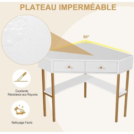 COSTWAY Table Bureau d'Angle avec 2 Tiroirs/Table Imformatique pour Ordinateur avec Etagère de Rangement Blanc