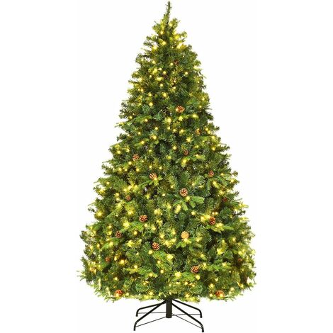 Costway – Sapin de Noël artificiel 240 cm – Arbre lumineux avec lumière LED blanc chaud – Pommes de pin – Pied en métal – Matériaux PVC et PE