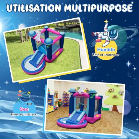 COSTWAY Toboggan Aquatique Gonflable Thème de l'espace avec Piscine à Eclaboussures Toboggan Portable,Sac de Transport et Piquets sans Gonfleur