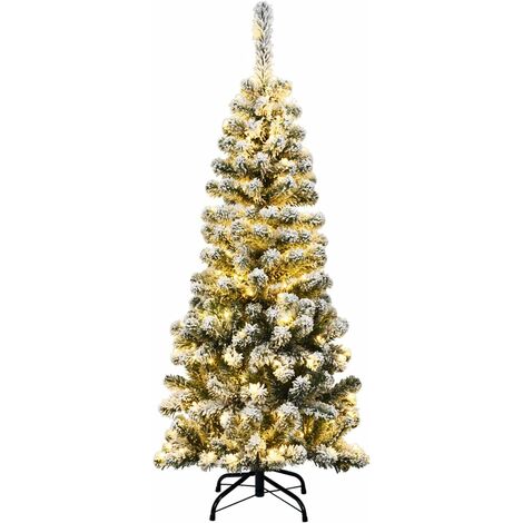 COSTWAY Sapin de Noël Artificiel Enneigé 140CM, Arbre de Noël avec 150 Lumières LED, 242 Aiguilles en PVC, Support Métallique Pliable, Décoration de Maison