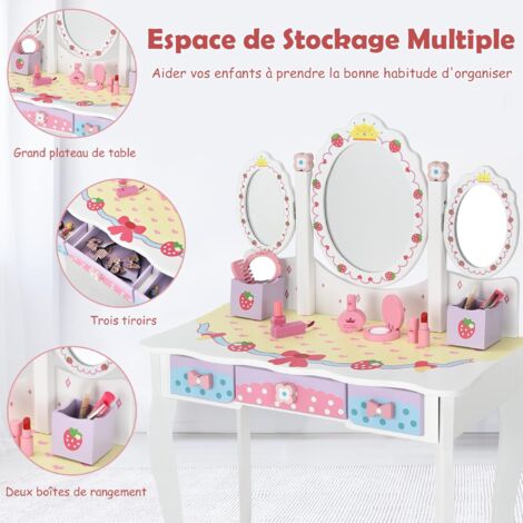 COSTWAY Coiffeuse 2 En 1 Pour Enfants Avec Miroir Amovible - Bureau Princesse, 4 Étagères, Blanc