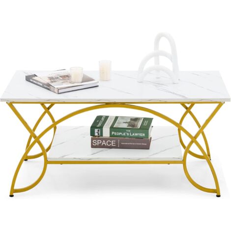 COSTWAY Table Basse Imprimée Marbre à 2 Niveaux 100 x 50 x 45 CM, Table de Salon avec Structure Métal, Coussinets de Pied Réglables (1/5)