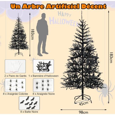 Sapin De Noël Artificiel Noir 225 Cm - 1258 Branches PVC, Support Métal, Décoration Halloween/Noël