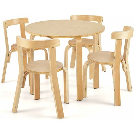 COSTWAY Table d'enfant Ronde avec 4 Chaises pour Enfants 4 Ans +, Style Scandinave, Esemble Table et Chaise en Bois de Peuplier et Bois de Bouleau de Couleur, Naturel