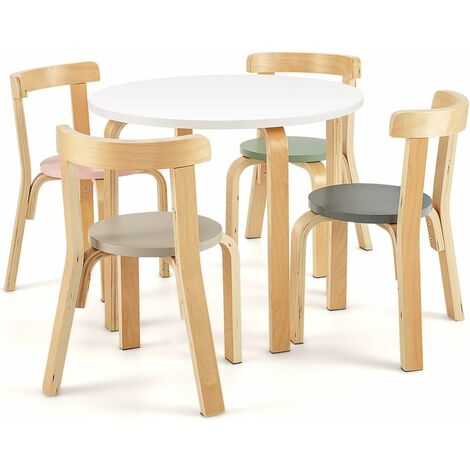 COSTWAY Table d'enfant Ronde avec 4 Chaises pour Enfants 4 Ans +, Style Scandinave, Esemble Table et Chaise en Bois de Peuplier et Bois de Bouleau de Couleur, Coloré