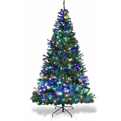 Costway – Sapin de Noël artificiel 210 cm – Lumières LED multicolores 11 modes – Pied en métal – Matériau PVC – Arbre décoratif vert