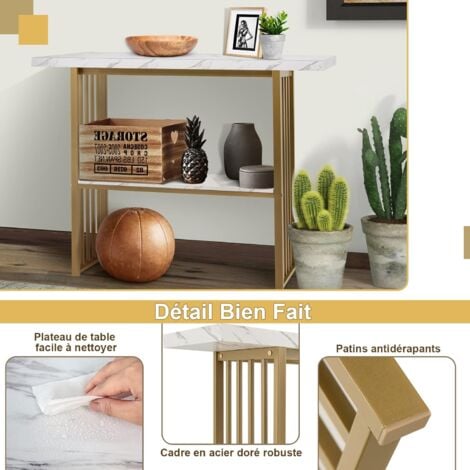 COSTWAY Table Console/Bout de Canapé à 2 Niveaux Effet Marbre de Style Scandinave, Cadre en Métal Meuble pour Entrée, Salon, Chambre, Doré