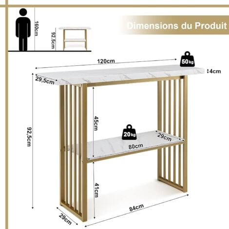COSTWAY Table Console/Bout de Canapé à 2 Niveaux Effet Marbre de Style Scandinave, Cadre en Métal Meuble pour Entrée, Salon, Chambre, Doré