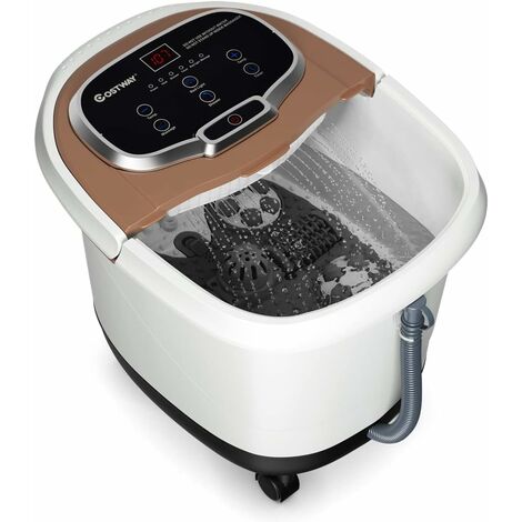 COSTWAY Bassin de Pied 15L avec Ecran LED, 6 Rouleau de Massage,C Chaleur Automatique 35℃-48℃ Fonction de Douche et Lumière Rouge,Café