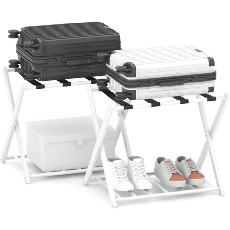 COSTWAY Lot de 2 Porte-valises Pliants, Porte-Bagages avec 2 Étagères, Support de Valise Pliable en Métal Robuste, pour Chambre, Hôtel, Charge Total 60 kg, 43 x 68 x 56 cm, Blanc