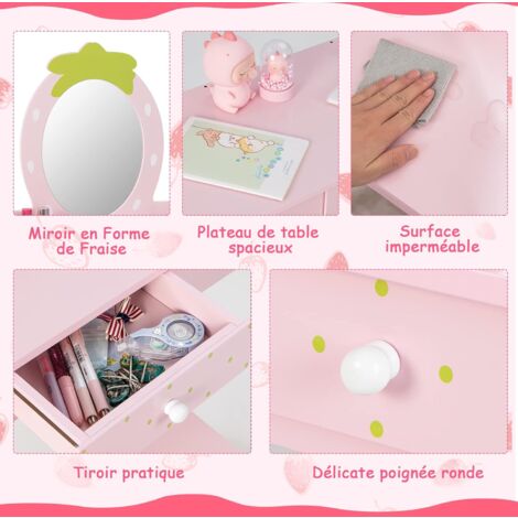 Coiffeuse Enfant Princesse ZONEKIZ Avec Tabouret - Rose - 1 Tiroir - À Monter - Neuf