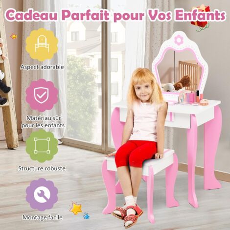 Coiffeuse Pour Enfant Fille Bonnlo Avec Miroir Et Tabouret - Bureau 2 En 1, Design Lapin Rose, 106cm De Haut