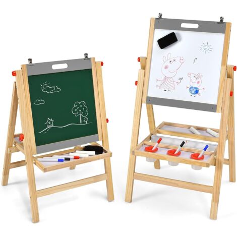 COSTWAY Chevalet d’Art 3-en-1 pour Enfants de 3+Ans avec Hauteur Réglable sur 5 Positions, Plateau de Rangement et Tableau à 2 Faces