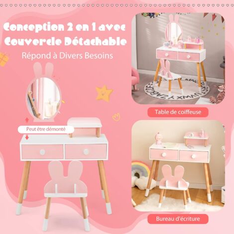 COSTWAY Coiffeuse Pour Enfants 2 En 1 Avec Miroir Amovible Et Pliable, 1 Grand Tiroir Style