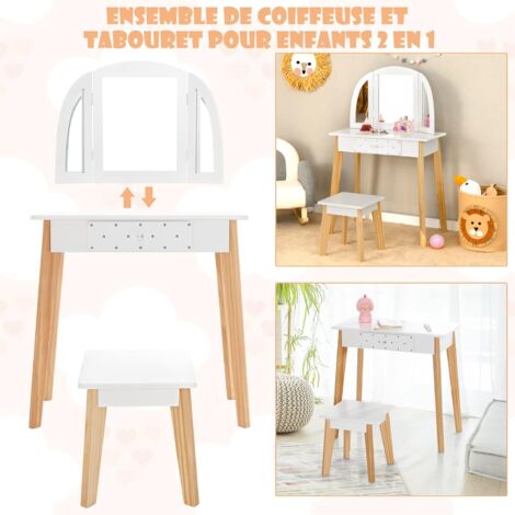 Costway coiffeuse enfant 2 en 1 avec miroir en forme lapin,table