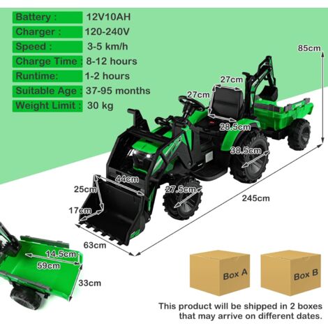 Tracteur Électrique 12V 7Ah 2+1 Vitesse, Tracteur Jouet avec Remorque 7  Phares à LED, Bouton d'avertisseur/Lecteur MP3/ Bluetooth/Port