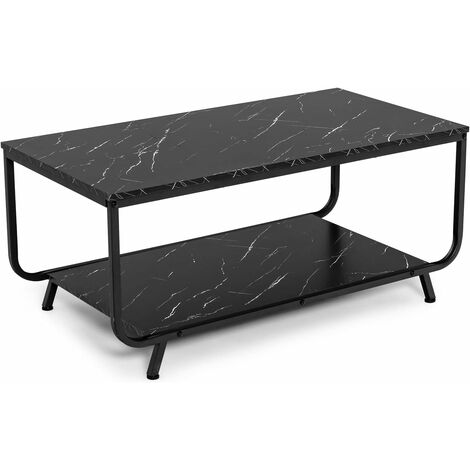 COSTWAY Table Basse Moderne en Faux Marbre Noir à 2 Niveaux avec Étagère et 4 Pieds, Table Basse Salon Cadre en Acier pour Bureau Salle, 105x55x46,5cm, Noir (1/5)