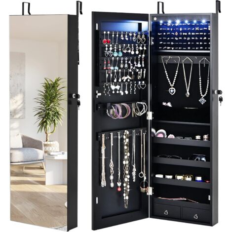 Armoire à Bijoux Murale COSTWAY Avec LED - 4 Tiroirs, 4 étagères, Miroir Rabattable - Verrouillable - Blanc