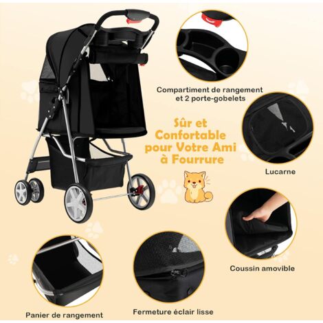 COSTWAY Poussette pour Chien Pliable à 4 Roues Charge 15KG, Chariot pour Chat Portable avec Panier de Rangement Fenêtre en Maille, pour Animaux de Compagnie Moins de 40,5CM (Noir)