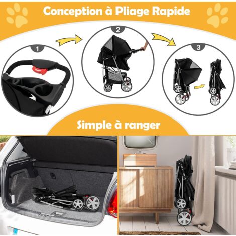 COSTWAY Poussette pour Chien Pliable à 4 Roues Charge 15KG, Chariot pour Chat Portable avec Panier de Rangement Fenêtre en Maille, pour Animaux de Compagnie Moins de 40,5CM (Noir)