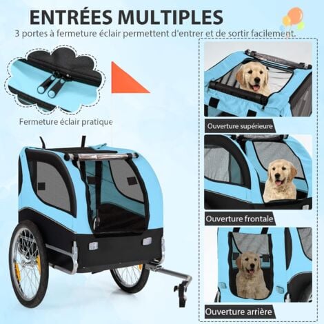 COSTWAY Remorque Velo Pliable pour Chien Animaux en Oxford Canvas, Poussette de Transport pour Chien avec Drapeau, 8 Reflecteurs et Toit Ouvrant, Charge Max 40 kg-Bleu