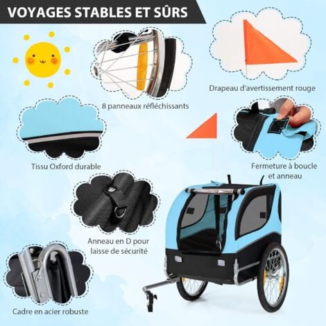 COSTWAY Remorque Velo Pliable pour Chien Animaux en Oxford Canvas, Poussette de Transport pour Chien avec Drapeau, 8 Reflecteurs et Toit Ouvrant, Charge Max 40 kg-Bleu