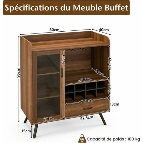 Buffet Cuisine à Porte Vitrée avec Tiroir 5 Compartiments Meuble de  Rangement avec Porte-Verre Porte-Bouteilles, 80x40x95cm Naturel - Costway