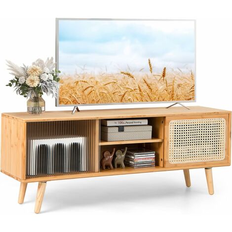 Costway – Meuble TV en bambou pour TV 55" – 4 compartiments – 2 portes coulissantes en rotin et verre trempé – Dimensions 120,5 x 31 x 45,5 cm (1/5)