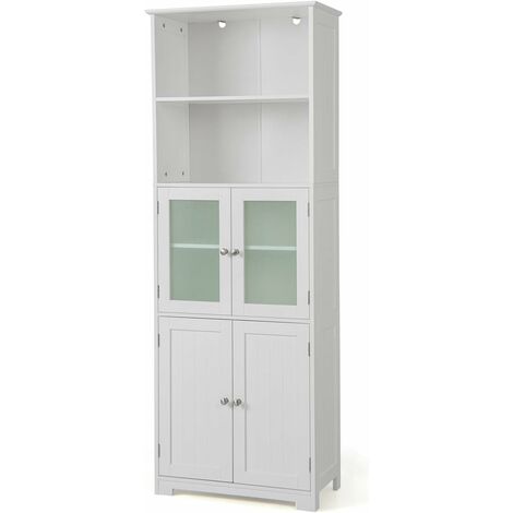 Costway – Armoire murale de salle de bain 4 portes – 2 compartiments ouverts – Dimensions 60 x 30 x 163 cm – MDF et verre trempé – Étagères réglables