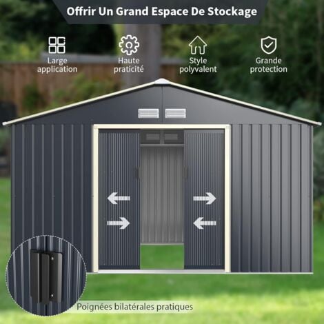 COSTWAY Abri de Jardin en Métal-8,7㎡-2 Portes Coulissantes Verrouillables-4 Trous d’Aération-Toit Penché/Cabane Jardin-340 x 255 x 210 cm-Gris