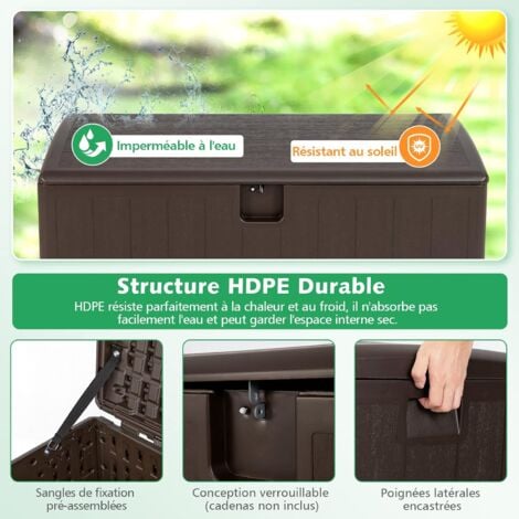 COSTWAY Coffre de Rangement Exterieur XXL 400L-127,5 x 64 x 64 CM avec Poignées Encastrée/Malle de Rangement de Jaridn Verrouillable pour Outils de Jardinage-Marron