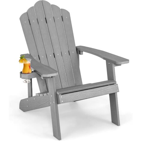 COSTWAY Fauteuil de Jardin Adirondack en HIPS Grain de Bois Réaliste, Chaise d'Extérieur Imperméable avec Porte-Gobelet Charge 170KG, pour Jardin Piscine Terrasse (Gris)