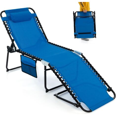COSTWAY Chaise Longue Pliante avec Appuie-tête Amovible Dossier Réglable à 4 Positions Acier Antirouille pour Camping Terrasse, Bleu (1/5)