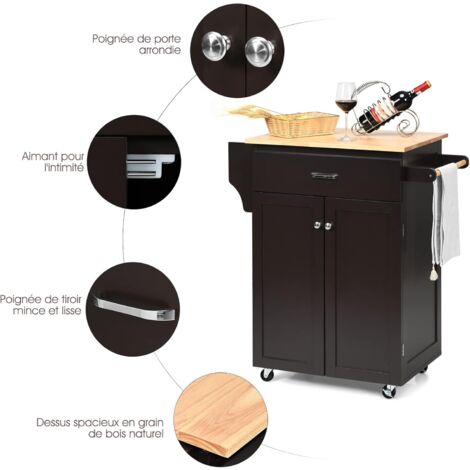 Îlot De Cuisine Mobile 122x46x91,5cm, Plateau Pliable, Roulettes, Porte- serviette, Mdf, Noir+bois - Ilot central