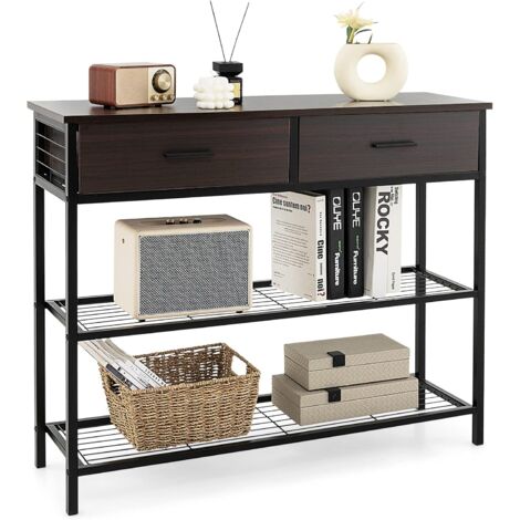 COSTWAY Table Console à 2 niveaux, 2 Tiroirs - 100 x 30 x 81,5 CM,Style Industriel. Cadre en Métal, Meuble d' Entrée Marron Rustique (1/5)