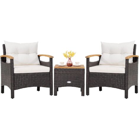 Costway – Salon de jardin en rotin 3 pièces – 2 fauteuils avec coussins amovibles – Table basse en bois d’acacia – Cadre métallique antirouille (1/5)