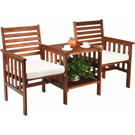 Costway – Salon de jardin en bois d'acacia certifié FSC – Banc 2 places avec coussins – Table avec trou parasol 5 cm – Charge 160 kg (1/5)