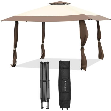 COSTWAY Tonnelle Barnum de Jardin Pliante Pop-up 3,95x3,95M 2 Toit Ventilés Tissu Oxford 3 Hauteurs Réglable Sac de Rangement Marron (1/5)