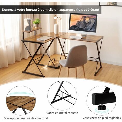 Bureau D'Angle COSTWAY 168x125cm - Bois Et Métal - 6 Pieds Réglables - Support PC Inclus - Noyer