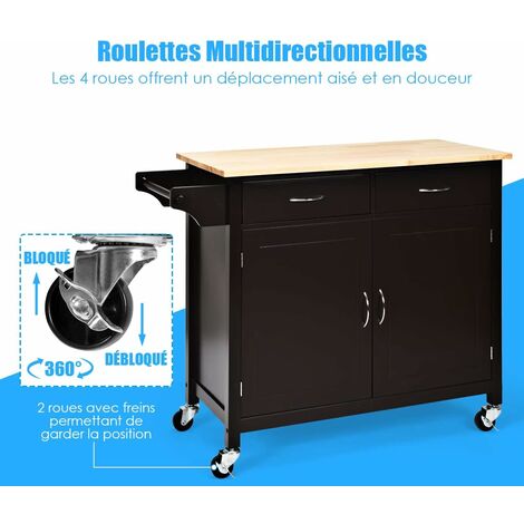 Desserte De Cuisine Mobile COSTWAY - Plateau Inox, 3 Tiroirs, Armoire 2 Portes - Roulettes 360° - Noir