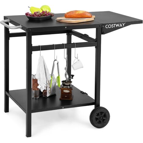 Costway – Chariot de salle à manger mobile avec table pliante – Étagère double en acier inoxydable – 4 crochets amovibles – 2 roues directionnelles (1/5)